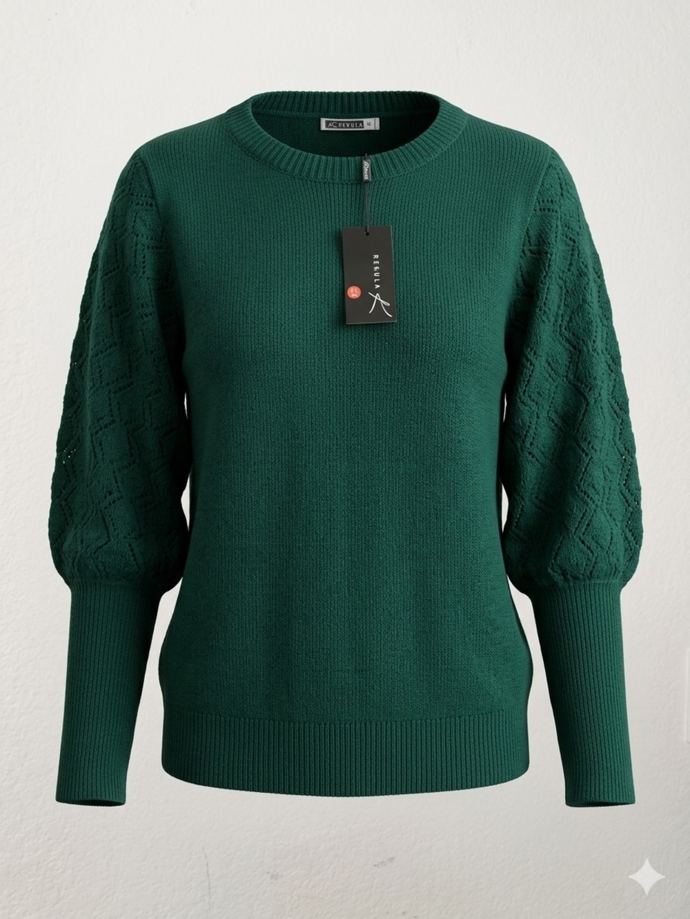 Textured Puff-Sleeve Crewneck Sweater in Forest Green